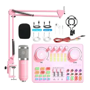 Podcast Equipment Bundle: Audio Interface & DJ20 Mixer with XLR Mic, Voice Changer, 2400mAh Battery for Podcasting, TikTok Live Streaming, and Gaming (Pink)