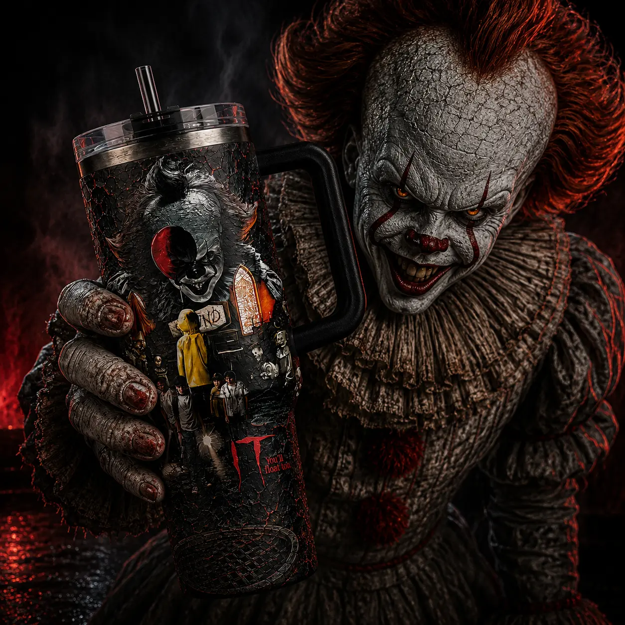 Pennywise IT Horror #2 Premium 40oz Stainless Steel Tumbler With Handle, IT Horror Movie Collector Vacuum Insulated Stainless Steel Travel Mug Gift, Halloween Theme Tumbler