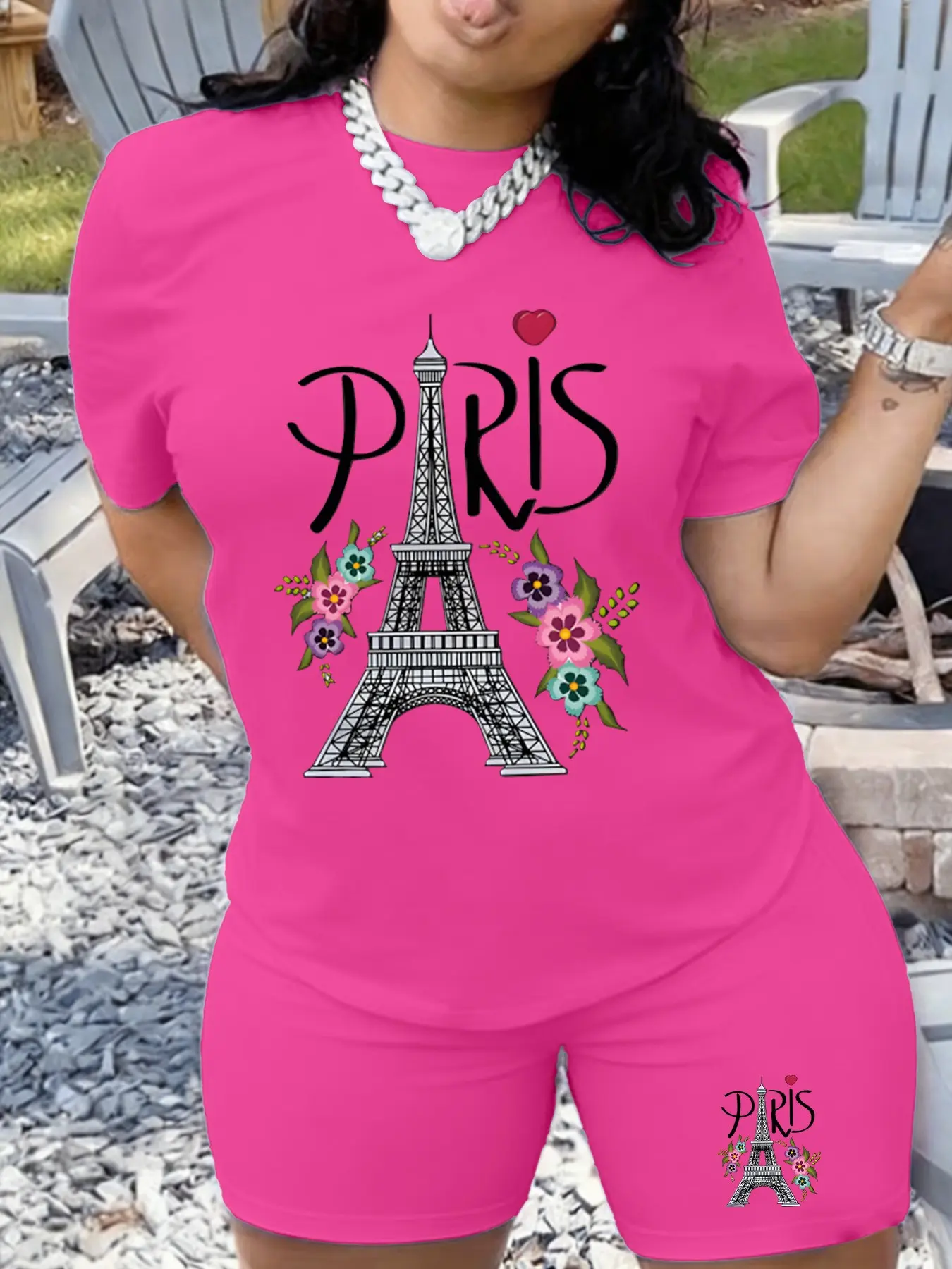 Women's Round Neck Short Sleeve T-Shirt and Shorts Set, Summer New Letter Eiffel Tower Floral Print, Casual Sweet Style, Daily Outfit, Everyday Clothes