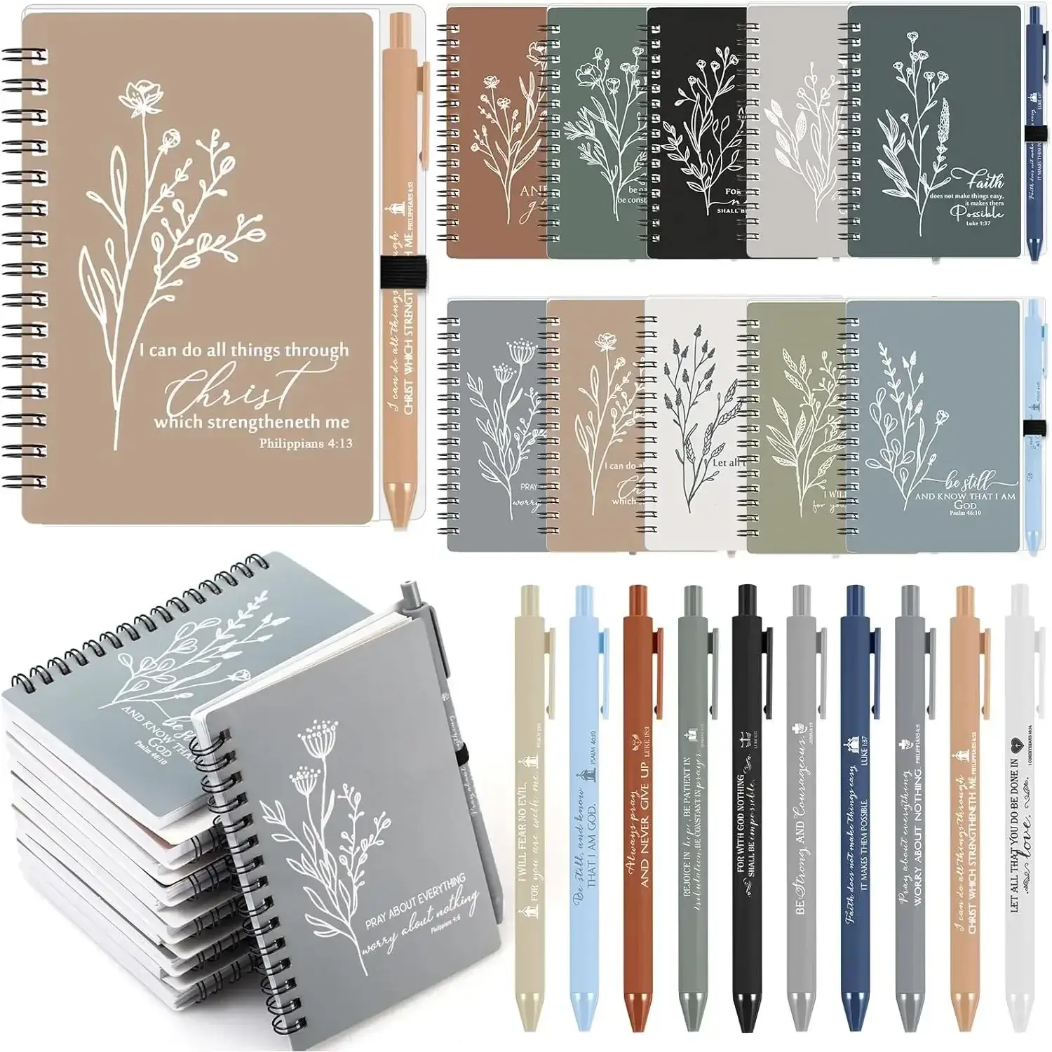 Bulk Pack 40 Spiral Bound Notebooks & 40 Engraved Bible Ballpoint Pens Set - Christian A6 (4x5.5 inches/10x14cm), Neutral Colors, Reliable Material, Portable for Bible Study, Pastors/Gifts, Christian Theme