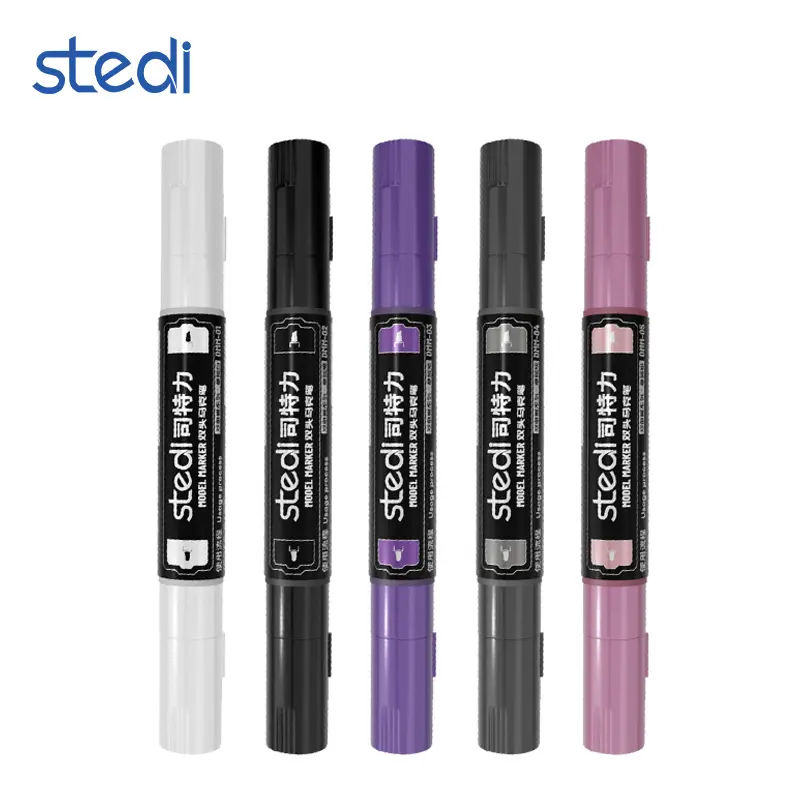 Stedi Marker Dual-Tip Art Markers Pen Set - White, Black, Purple, Gray, Pink Precision Pens for Gundam Model Painting & Color-Changing, Office Stationery Writing Tool, Colorful Precision Pens