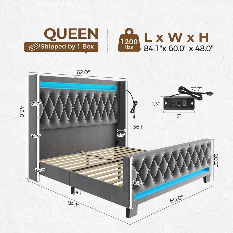 Queen Bed Frame with LED Light and Charging Station, Upholstered High Headboard and Footboard, Wood Slats, Noise Free, Easy Assembly, Grey