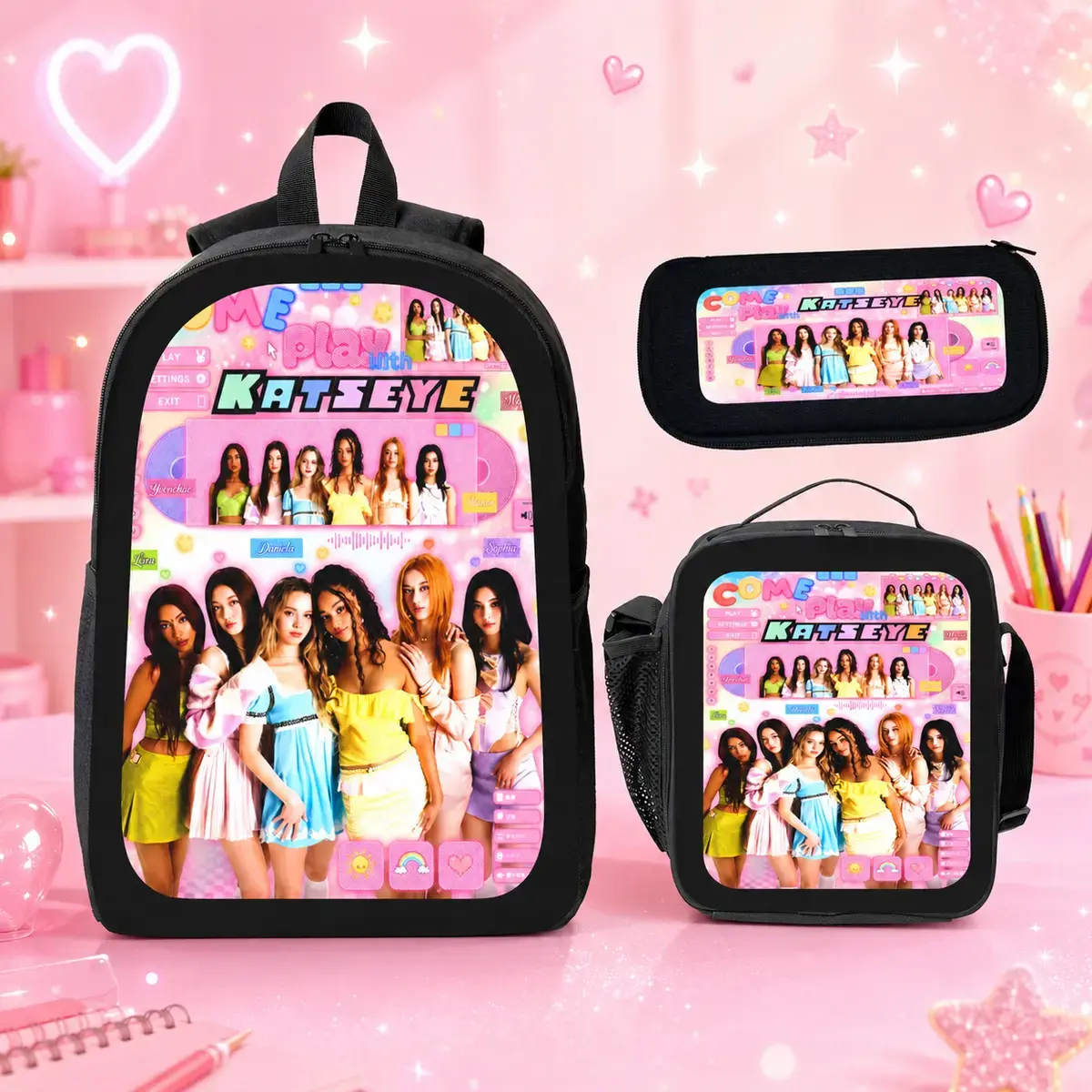 Female Kpop-Style Pink 3-Piece Backpack Set Pack - Lightweight Bag with Lunch Box, Pencil Case, Fashionable Aesthetic Design, Large Capacity Travel Daypack for Back to School Haul, First Day of School