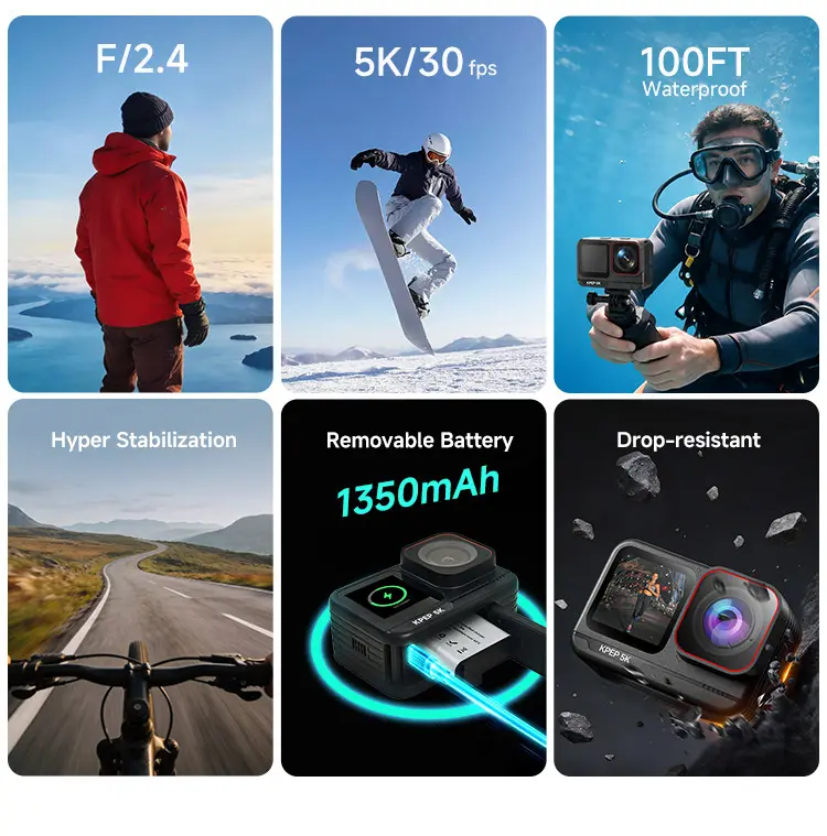 KPEP Real 5K Action Camera, 1/2.86" Sensor, 5K Cinematic Video, Hyper Stabilization, Drop-Proof & Waterproof Up to 100 Ft, Great for Motorcycle, Bike Riding, Running, Climbing, Beach Trips, Water Sports  Daily vlogging camera