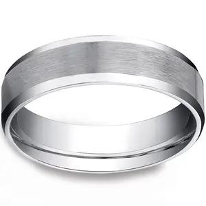 Men's 10k White Gold 6mm Plain Wedding Band with Satin Center and Beveled Sides