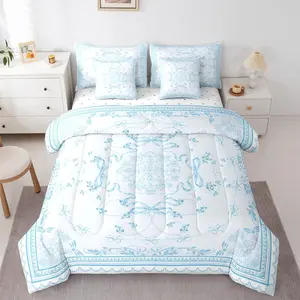 Feelyou 7-Pcs Blue Bow Vintage Bowknot Floral Bedding Set, Bohemian Bow Tie Sheet & Comforter for Girls, Cottagecore Queen Bedding Set, Bedding Sets, Queen Bedding Sets