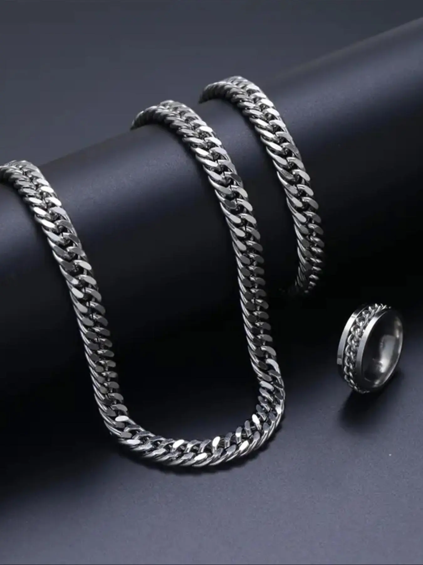 Men's Fashion Chain Link Design Matching Jewelry Set, Casual Trendy Bracelet & Ring & Necklace, Fashion Accessories for Party & Daily Clothing Decor, Decoration