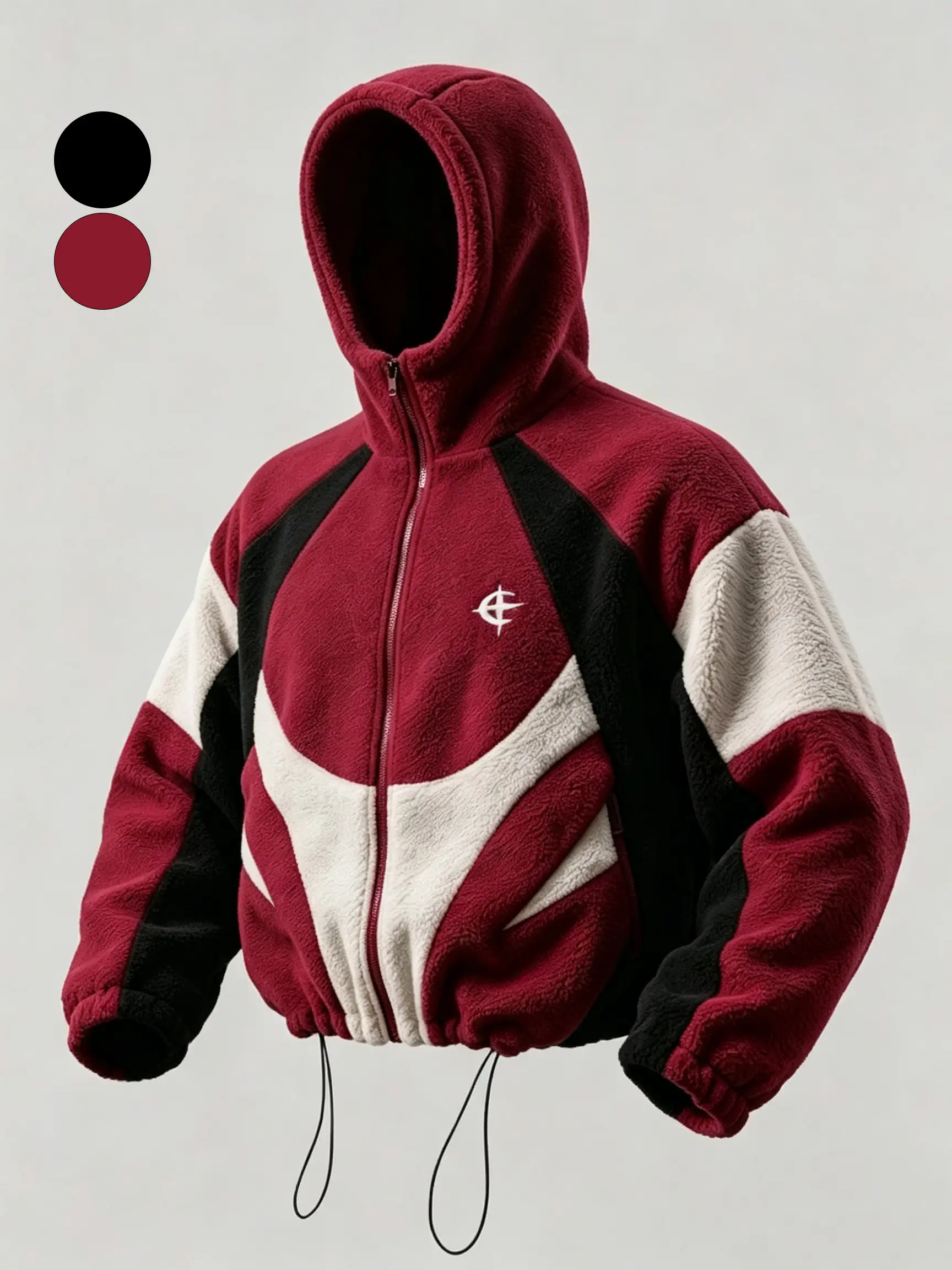 Men’s color-block fleece hooded warm jacket featuring burgundy, black, and cream white in a geometric patchwork design; retro color blocking creates distinct visual layers, delivering a full street-sport vibe.Carefully selected fluffy, soft chenille fabri