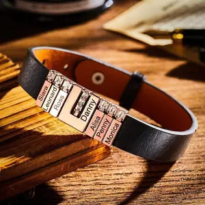 Father's Day Gift Personalized Leather Bracelet for Dad – 8 Adjustable Beads, Custom Engraved Name Charms with Gold Plated Baguette CZ