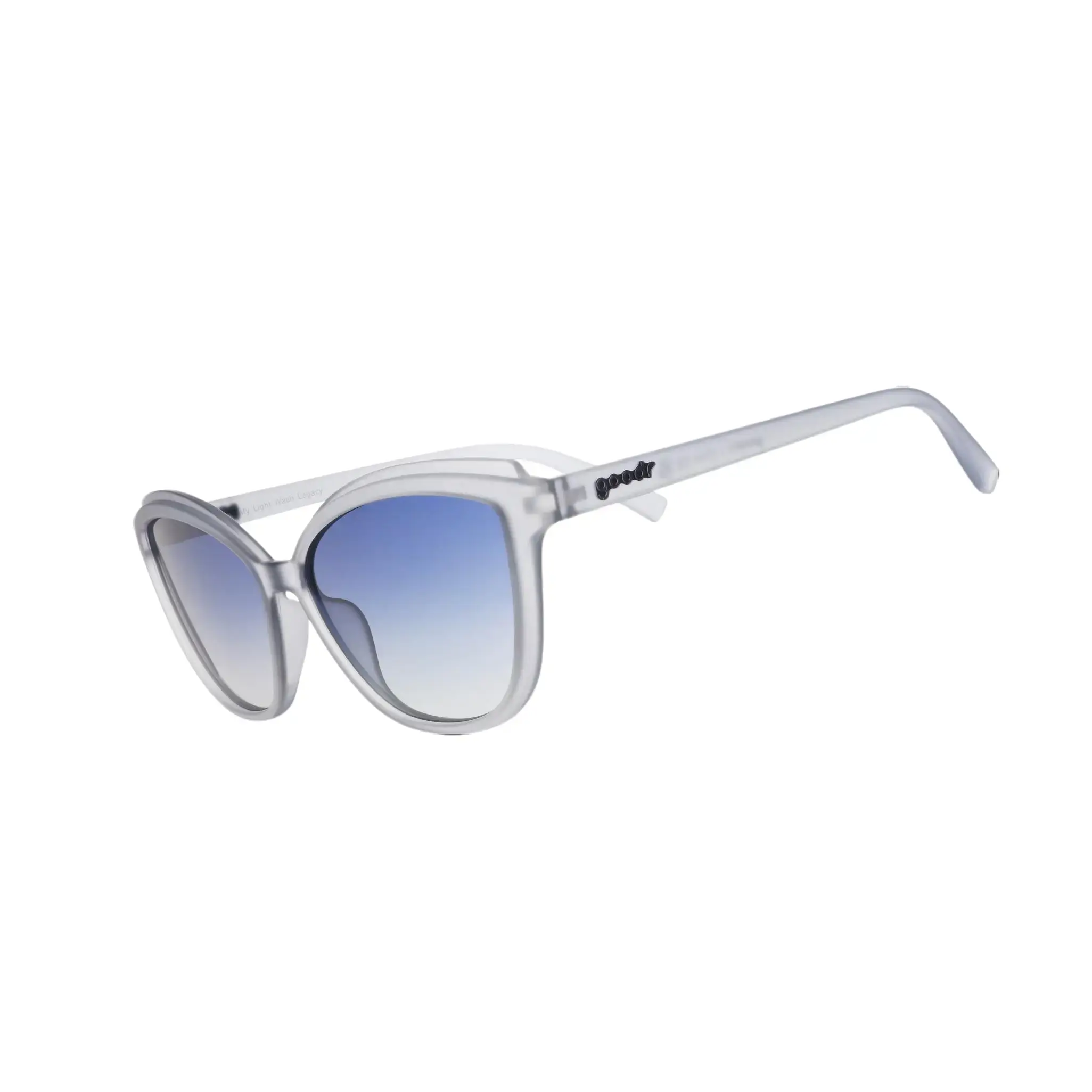 goodr My Light Wash Legacy Medium Size (Pounce G) Translucent Light Purple Frame with Blue Lens, UV400, No Slip No Bounce No Tangle