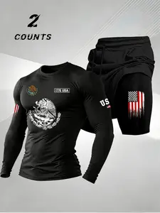 Men's Usa Flag Print Sports Set, Quick-Dry Elastic Sporty Round Neck Long Sleeve T-Shirt, Dual-Layer Shorts, Gym Running Training Two-Piece Set