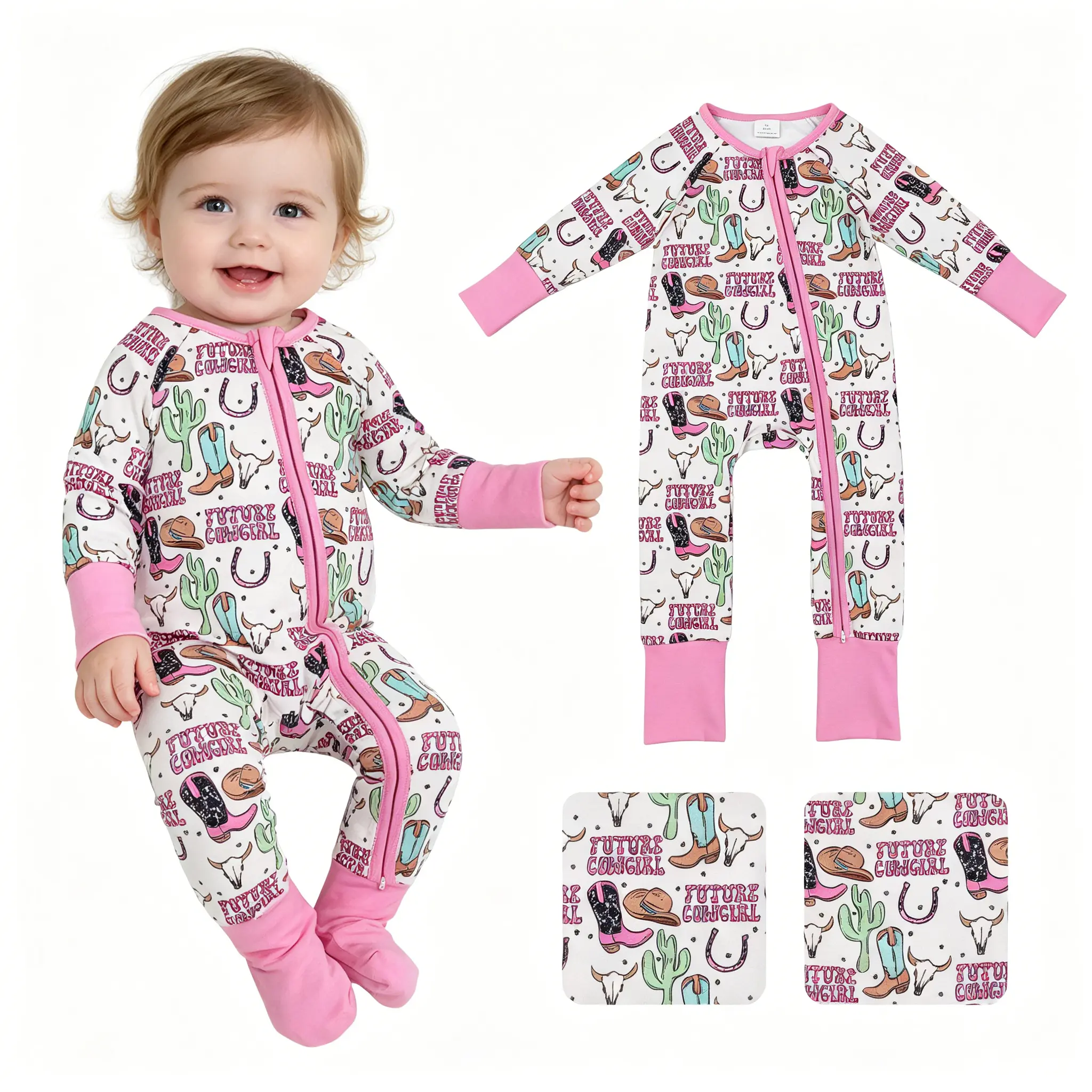 FS Baby Romper – Baby Shower Gift Pink Western Zip Romper | Cute Cowgirl Onesie with Easy Zipper for Little Western Sweethearts UWH