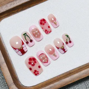 Handmade Square and Round Press on Nails 10PCS, Cherry Hand Drawn Graffiti Design Fake Nails, Reusable False Nail Suitable for Girls