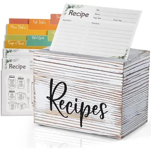 Recipe Box, Wooden Recipe Organizer, Recipe Holder Box with 50 Recipe Cards 4"x6" & 6 Dividers, Recipe Book to Write in Your Own Recipes, Retro White