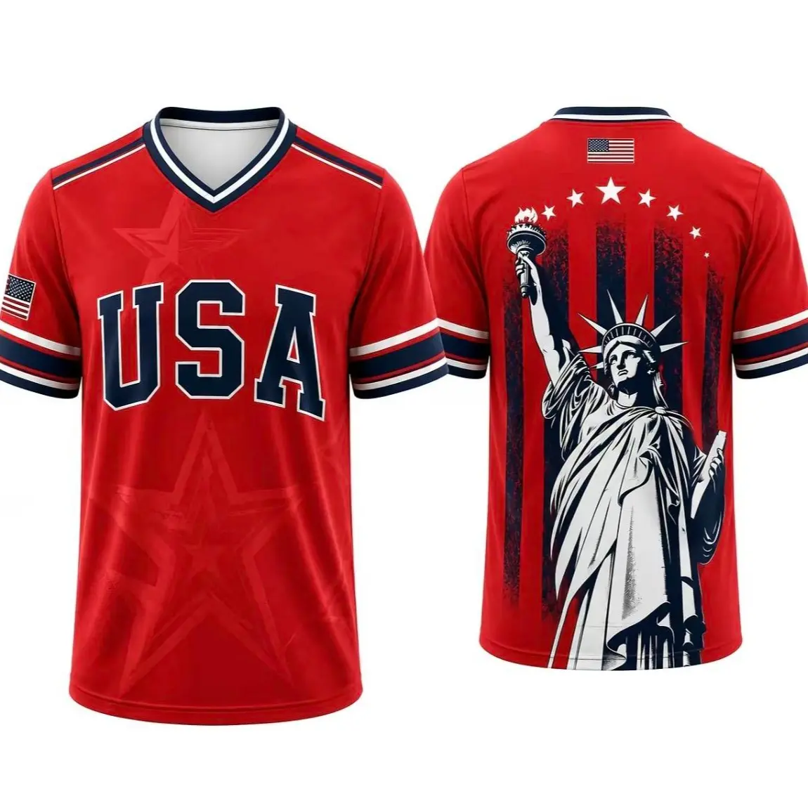 2026 USA-Inspired Soccer Jersey for Men & Women, Navy Patriotic V-Neck Football Shirt with Statue of Liberty, American Flag Stars & Stripes Graphic