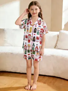 2-piece set, Kids pajamas, girls' white background, Spice pajamas, full body seasoning bottle print pattern, short sleeved shorts, soft top, small pocket, elastic pants waist, all season daily casual children's clothing
