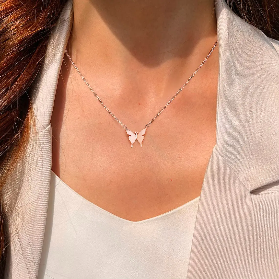 ASCOMY Women's Dainty Minimalist Design Butterfly Pendant Necklace - Durable Fashion Accessory, Hypoallergenic Stainless Steel, Non-Tarnish Metal Coating, Adjustable Cable Chain (Silver & Rose Gold, 12mm×10mm) for Casual Daily Wear, 2 Wearable Tones