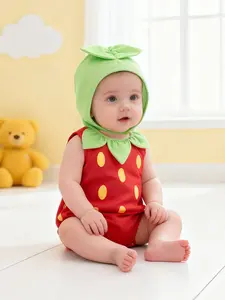 Baby Summer Strawberry Sleeveless All-In-One Romper, Leaf Neck Onesie, Cute Fruit Style Photo with Hat Set, Baby Girl Clothes, Baby Clothing