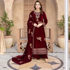 3 oc stitched  velvet suit with embroidery work for wedding and party wear with velvet shawl and velvet trouser