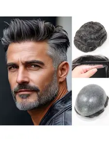 Undetectable Grey Full PU Men Toupee Human Hair Knotless Single Knot Skin Toupee Hairpiece Men's Capillary Prosthesis Hair System