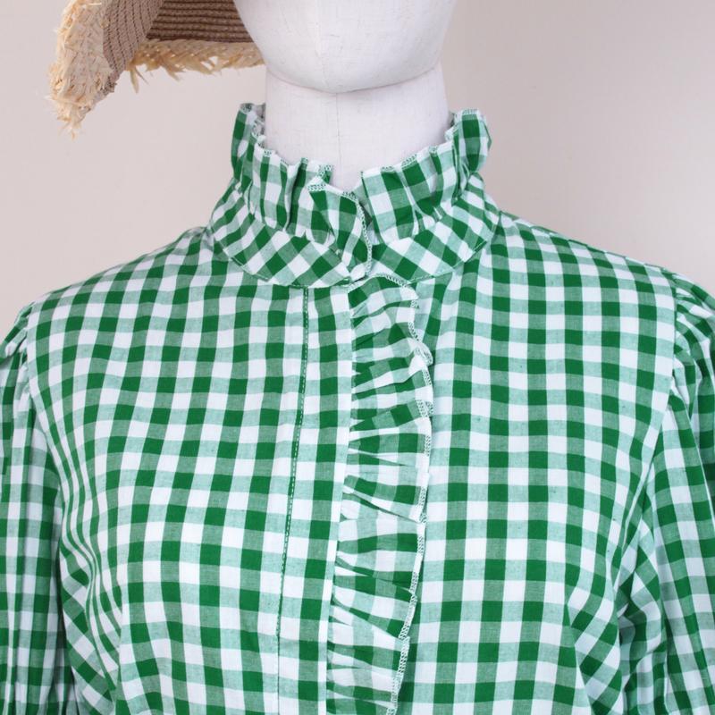 100% Cotton Green/Khaki/Red/Blue Gingham Check Shirt with Ruffle Neckline & Puff Sleeves Medium Length Women's Fashion Top Runs Large
