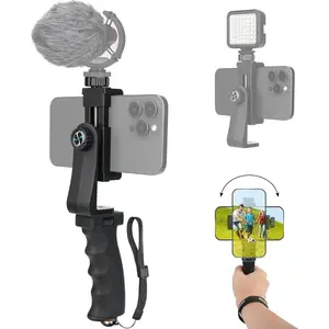 SQ-SFT002 Ergonomic Anti-Falling Cell Phone Vlogging Hand Grip Stabilizer Smartphone Holder Rig Mount Video Kit w/Safety Strap Portable Selfie Stick for iPhone Samsung (Landscape+Portrait)-Mic/Light Adapter