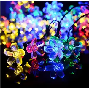 Solar LED Cherry Blossom String Lights, Outdoor Waterproof 23ft 50 Leds, 8 Flash Modes, Christmas Decorations for Garden Fence Balcony Yard Lawn Party