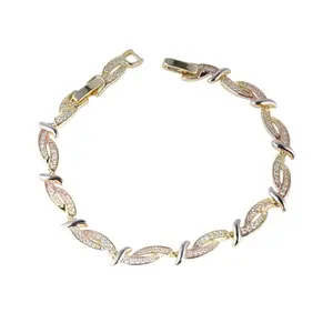 Tri-Color Marquise Link Adjustable High Quality Bracelet - 14 Karat Gold Plated, Diamond Accents, Luxury Style, 7in Size (Extends to 7.5in)