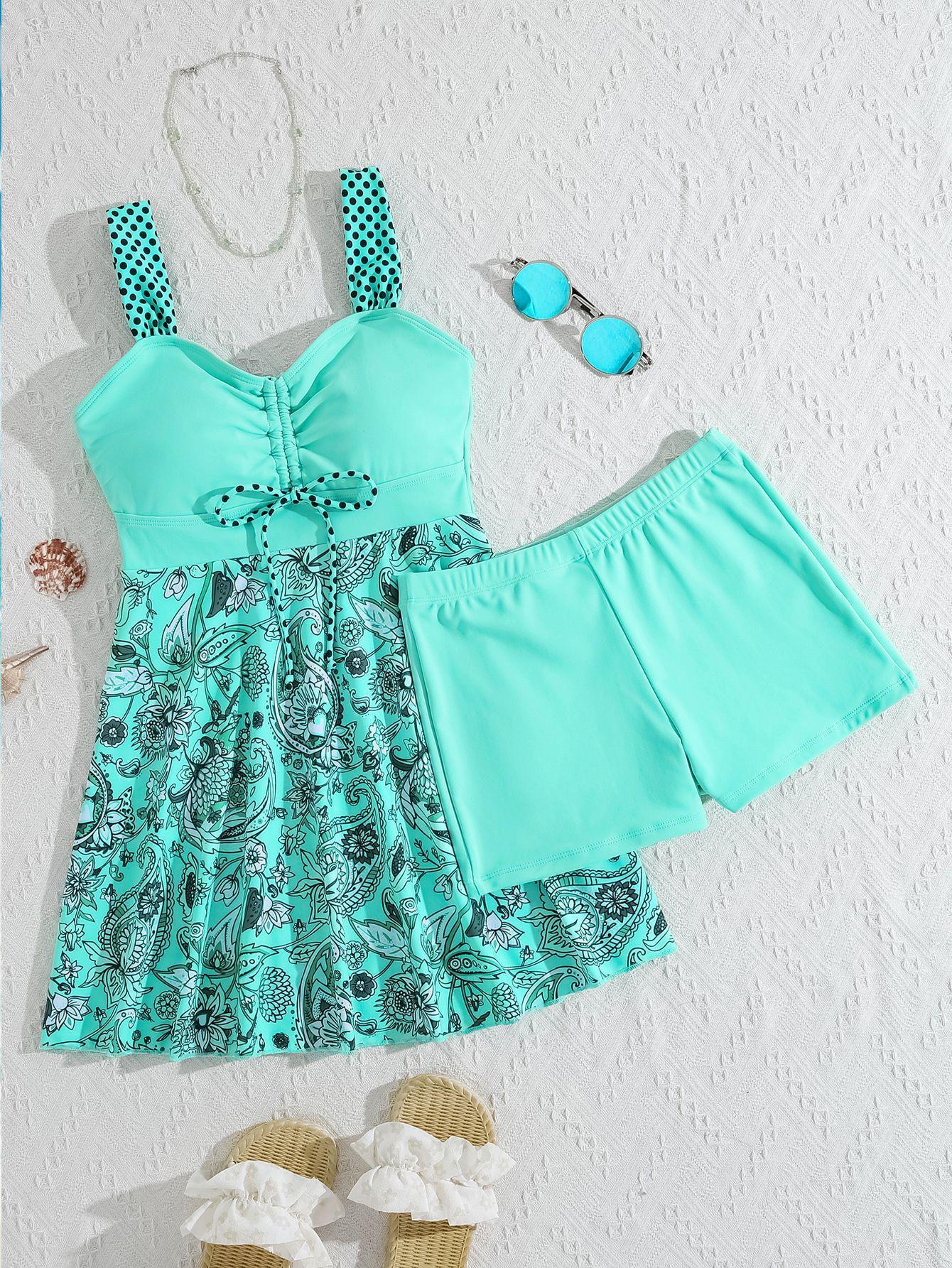 Women's Plants Print V Neck Swimdress & Tankini Set, Casual Sleeveless Swim Dress & Swim Top Two-piece Swimsuit, Floral Print Swimsuits for Beach Holiday Vacation, Ladies Swimwear for All Seasons