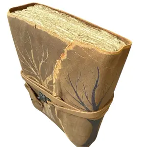 Leather Journal with Deckle Papers - Brown Leather Cover with Leaf Design, Ideal for Writing and Sketching