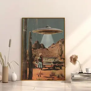1PC, Canvas Hanging Painting, Decorative Painting, UFO Poster Wall Art, Vintage Wall Decoration, Sci-Fi Poster, UFO Alien Desert Wall Art, Girly Printable Wall Print, Aesthetic Room Decoration Gifts Birthday Graduation