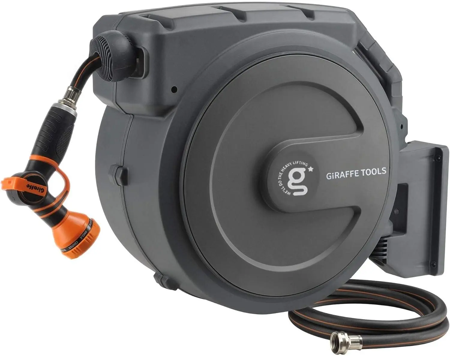 Giraffe Tools Retractable Garden Hose Reel 1/2 Inch X 130 Ft, Super Heavy Duty, Any Length Lock, Slow Return System, Wall Mounted and 180 Deg Swivel Bracket
