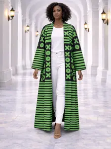 African Green & Black Ankara XOXO Print Long Kimono Jacket