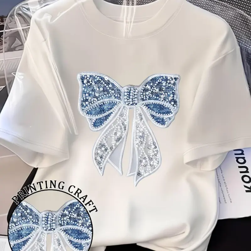 Womens Short Sleeve Crewneck Tee Soft Stretch Casual Top Sparkly Sequin Rhinestone Blue Bow Graphic Shirt Cute Y2K Streetwear Mother Day