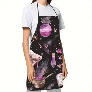 Woven Polyester Kitchen Apron with Spooky Magical Witchcraft Pattern, Sleeveless Design, Includes Book Cap and Potion Print for Cooking and Baking