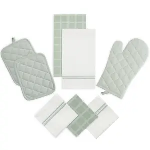 Kitchen Towel Dishcloth Oven Mitt & Pot Holder 8 Pack Set 100% Cotton Absorbent Heat Resistant Bakeware