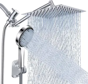 Shower Head,8”Rain Shower Head with Handheld Spray Combo with 11'' Angle Adjustable Extension Arm/Flow Regulator/Shower System,High Pressure Rainfall Shower Head Bathroom,Chrome