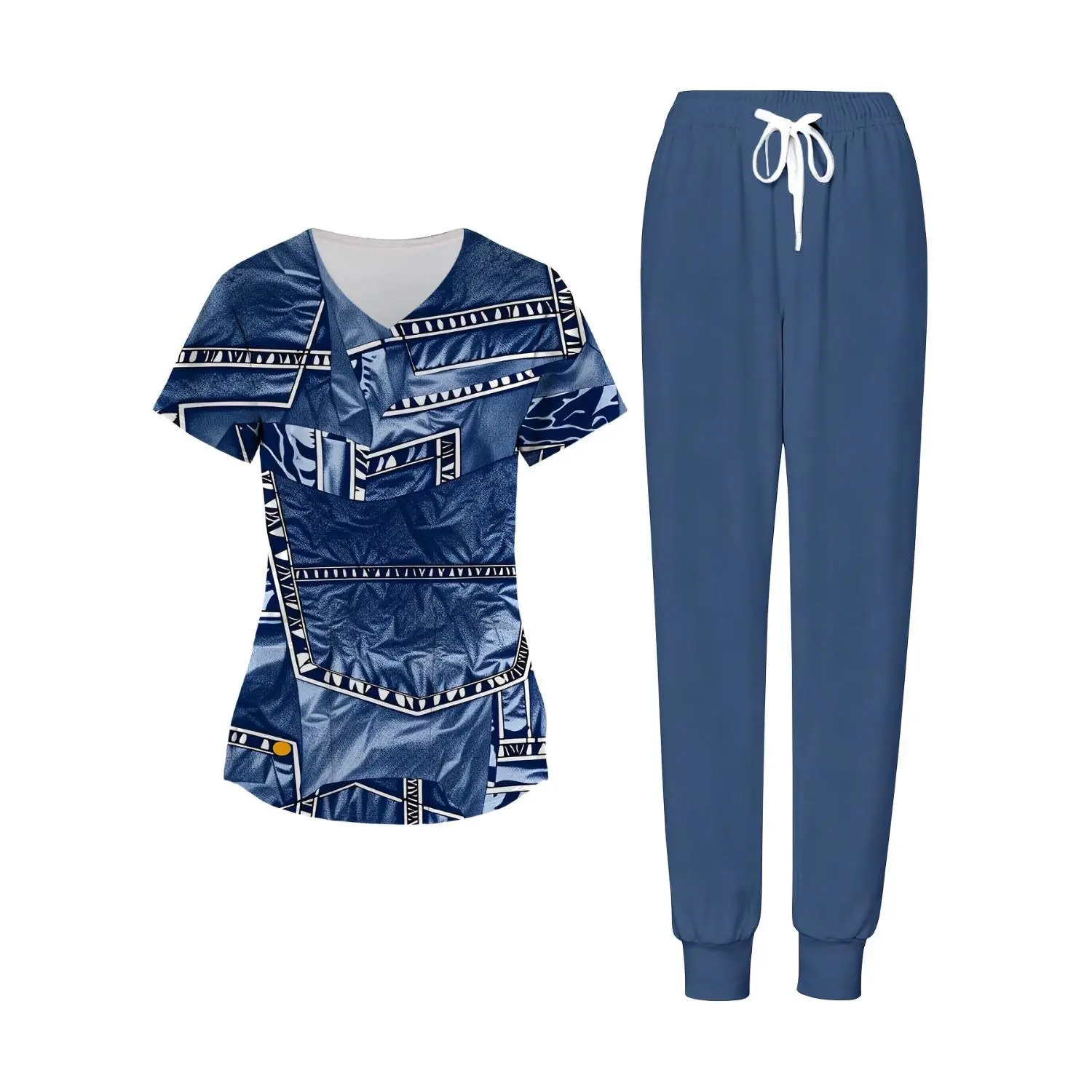 Plus Size Women's 2-Piece Blue Geometric Print Scrub Set - Ideal Nursing Uniform for Work, Casual, Play, and Holiday Gifts