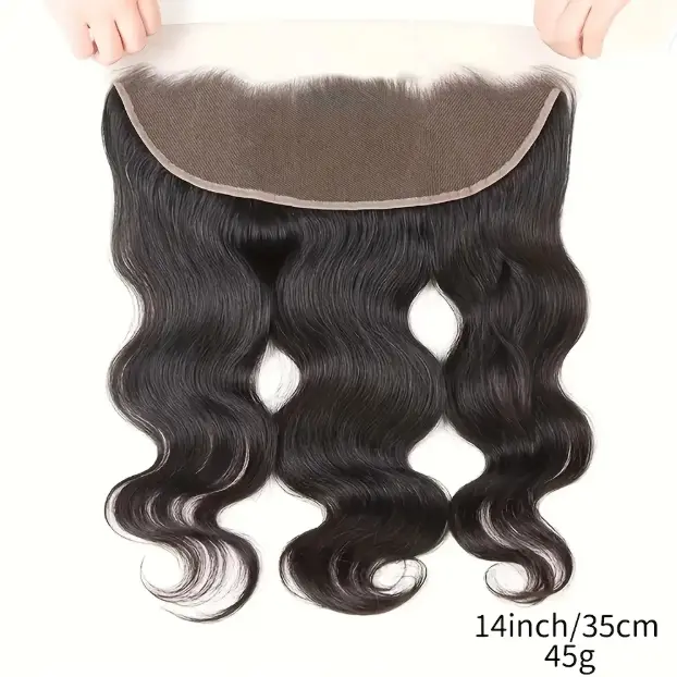 13x4 Lace Frontal Closure, 14 Inch Brazilian Body Wave Human Hair, Ear-to-Ear Swiss Lace, Anti-Tangle, Natural Black with Pre-Plucked Hairline, Female