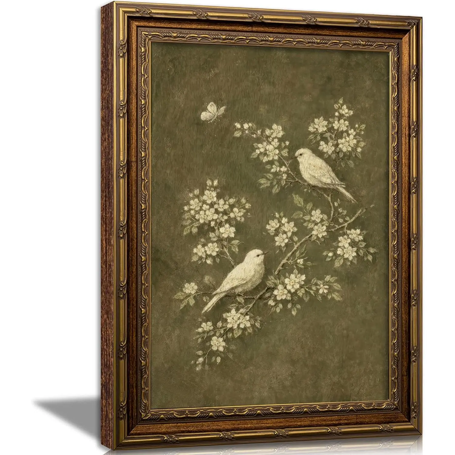 Vintage Gold Framed Bird Wall Art, White Flowers Botanical Oil Painting Canvas Print, Rural Animals Picture Wall Decor, Rustic Farmhouse Poster Artwork for Living Room Bedroom