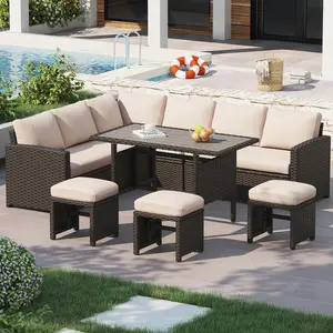 【2/3 Packages Shipping】YODOLLA 7 Pieces Outdoor Sectional Sofa Conversation Set All Weather Wicker Rattan Couch Dining Table & Chair Outdoorfun