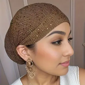 Elegant Solid Color Knitted Polyester Women's Hair Bonnet with Drawstring - Stretchable, Soft, Breathable, Lightweight Cap with Rhinestone Decoration, Urban Easter Theme, No Feathers, Non-Electric, Elastic Hair Bonnets for Women