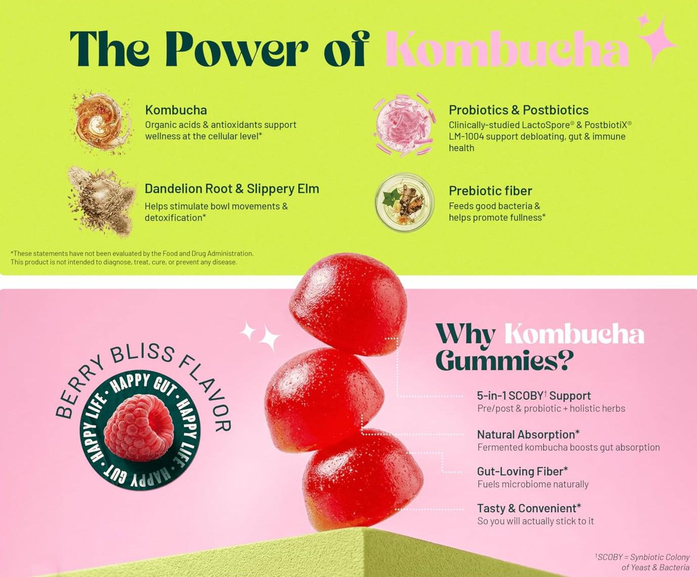 BoochBod Probiotic Kombucha Gummies - Berry Flavored Supplement for Digestive Health & Gut Balance - Daily Dietary Vitamin with Prebiotics, Probiotics, Postbiotics, Slippery Elm, Dandelion Root, MCT Oil, for Bloating, Gut Health