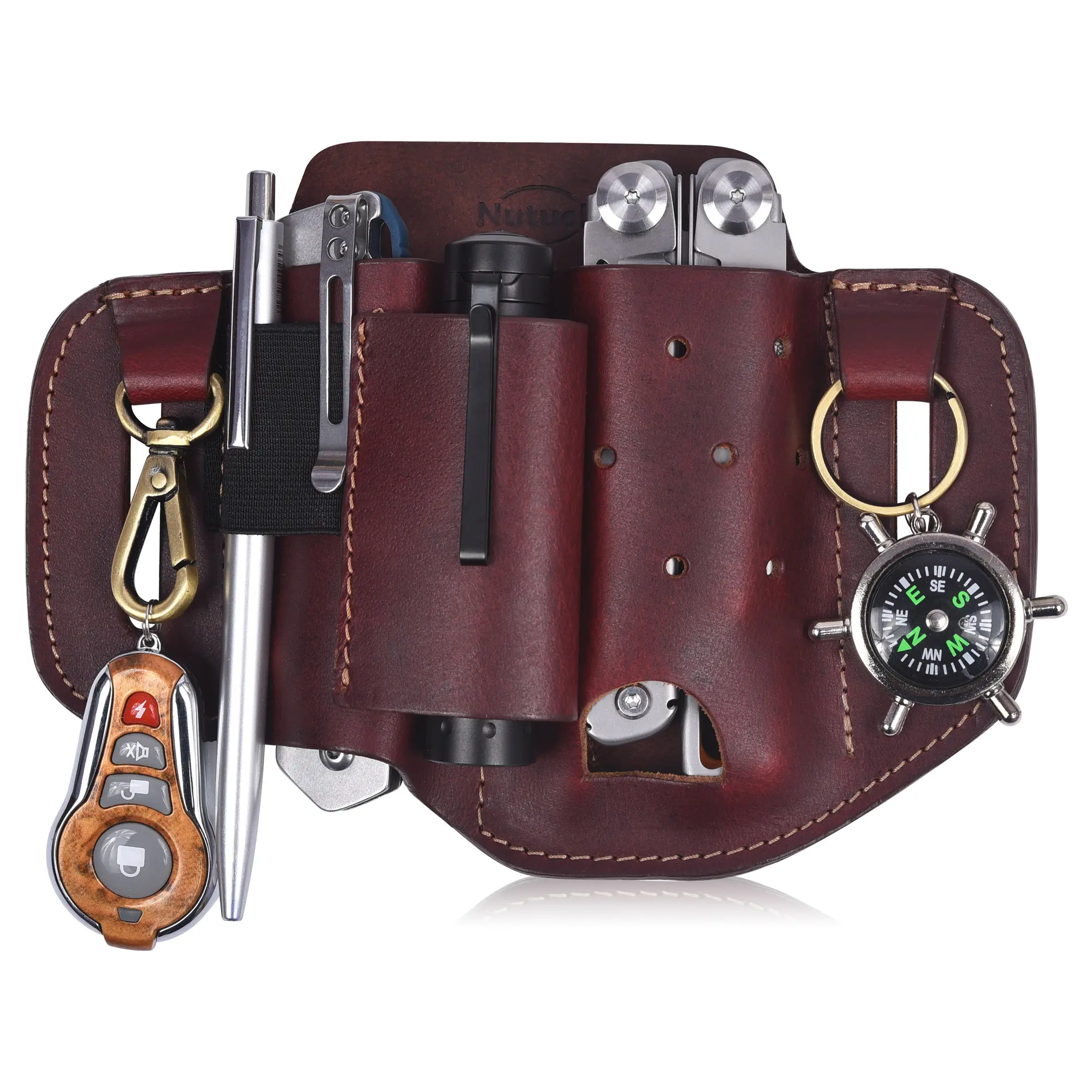 NUTUCH Leather EDC Multitool Sheath | Leather EDC Belt Organizer | Flashlight Holster | Heavy Duty Leather Multitool Organizer