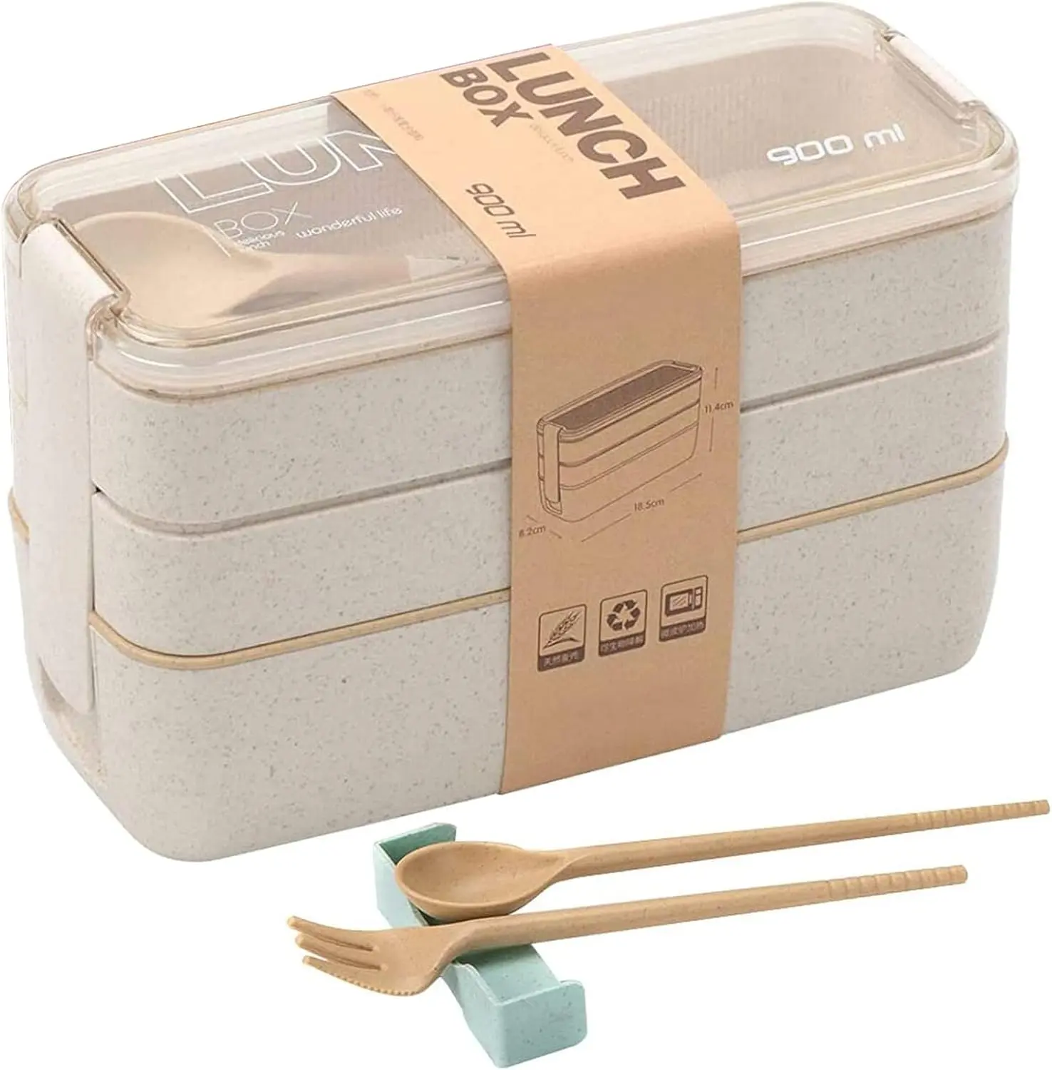 Beige Stackable Bento Lunch Box Kit, 3-In-1 Compartment Wheat Straw Lunch Containers with Tableware, Reusable On-the-Go Meal and Snack Containers