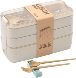 Beige Stackable Bento Lunch Box Kit, 3-In-1 Compartment Wheat Straw Lunch Containers with Tableware, Reusable On-the-Go Meal and Snack Containers