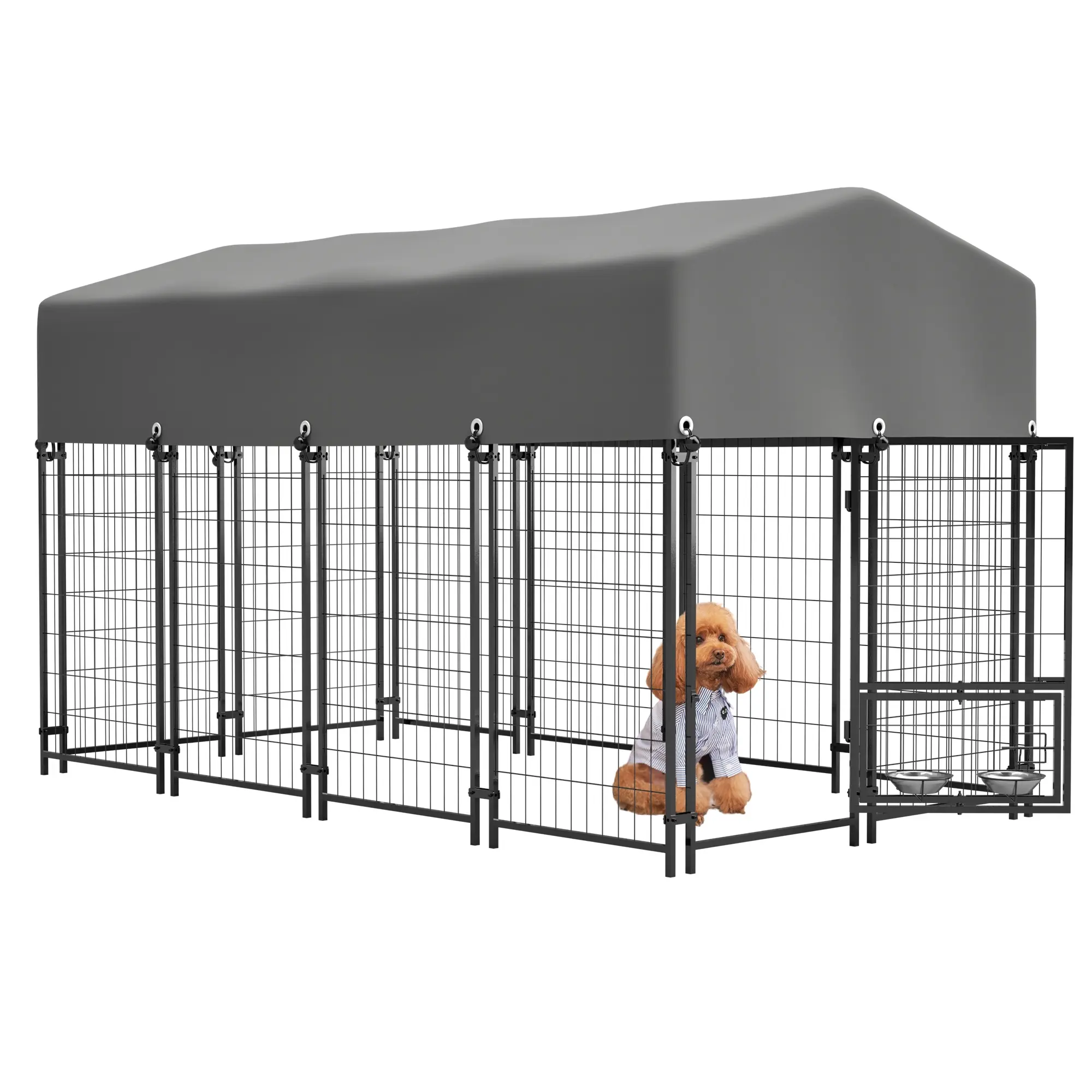 DOMISO Dog Kennel Outdoor with Roof, Welded Wire Enclosure, Heavy Duty Dog Crate with UV-Resistant Waterproof Cover, Double Lock & Rotating Feeder