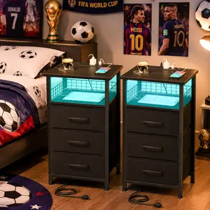 Bedside Table with Charging Station - Features a charging station and an app-controlled, adjustable LED light strip, with a storage shelf and 3 fabric-lined drawers. Suitable for living rooms and bedrooms, black (2-piece set)【Summervibes】