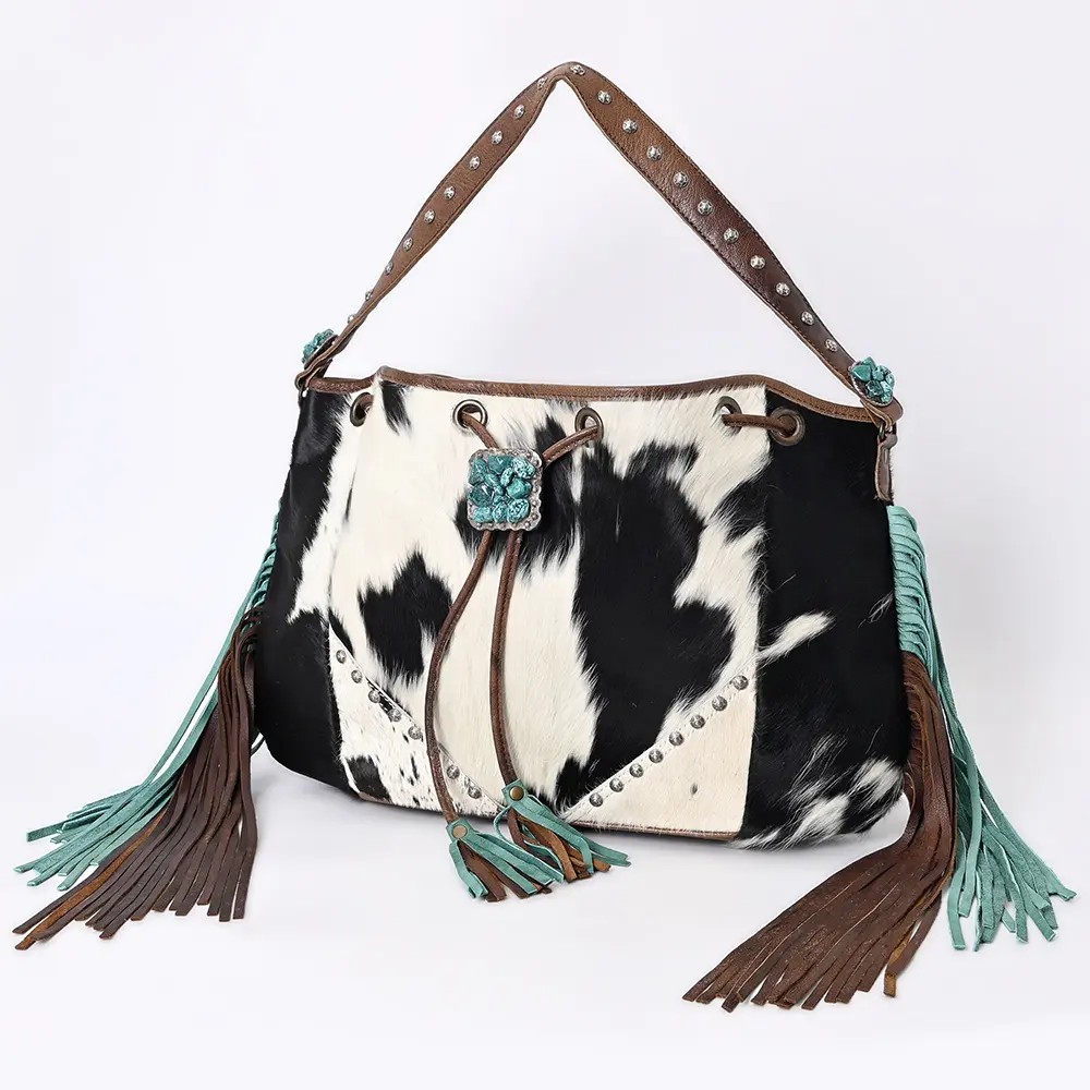 American Darling Western Hobo Bag, Hair-On Cowhide Full Grain Leather with Fringes and Rivets, Handcrafted Boho Purse