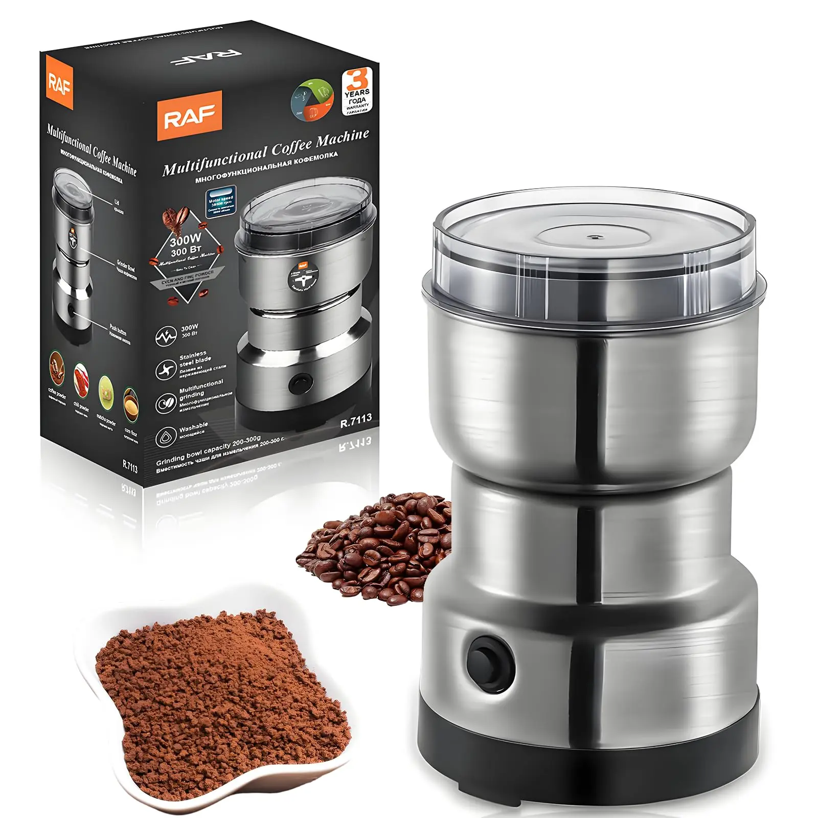Electric Coffee Grinder with 18/10 Stainless Steel Blades - Compact, Small Size, Lightweight, Food Grade, for Home Users, Grinds Beans, Spices, Herbs